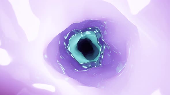 Abstract Organic ice tunnel with liquid surface. 3d loop animation.