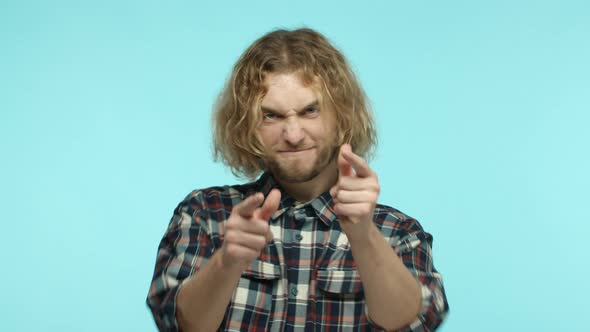 Slow Motion of Happy Attractive Guy with Long Blond Hair and Beard Make Bang Bang Sound with Finger