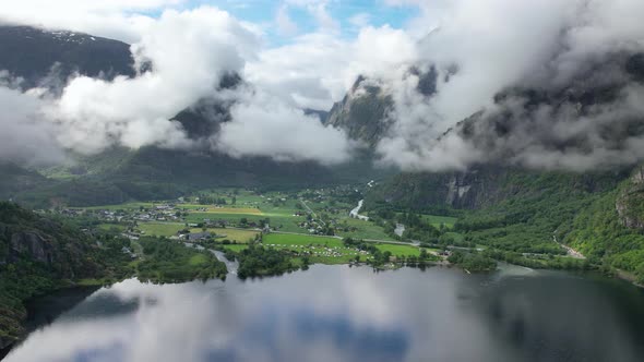 Aerial View Of Ovre Eidfjord located at the southern end of the lake Eidfjordvatnet alt
