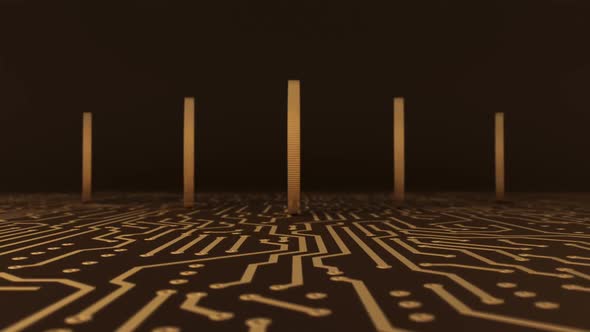 Appearance Of Five Virtual Coins Bitcoins On Printed Circuit Board alt