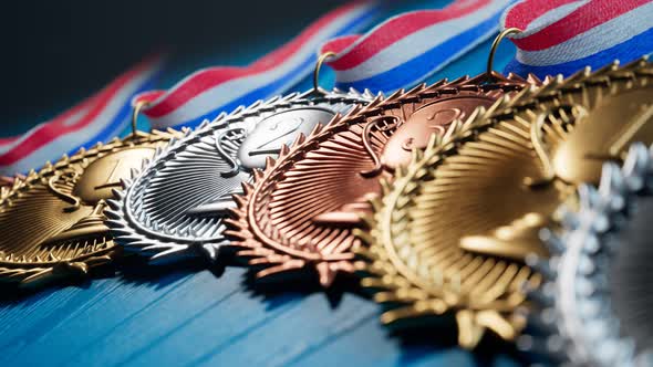 Endless animation of gold, silver and brown medals for winners. Prizes. Trophies alt