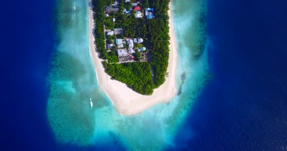 Luxury flying island view of a white paradise beach and aqua blue water background in colorful 4K alt