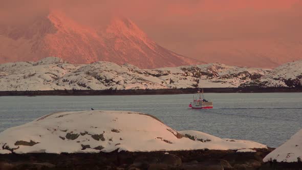Fishing Ship at Sunset in Norwegian Fjord