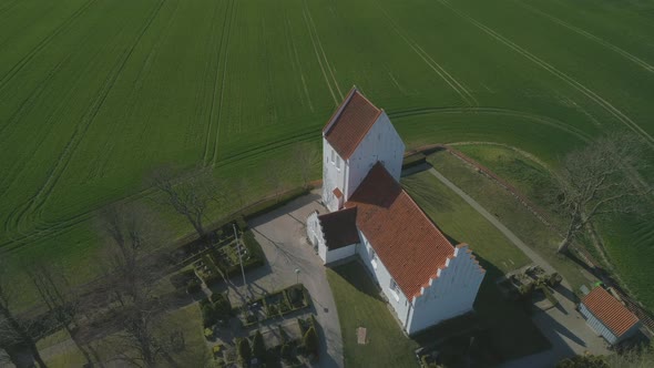 Aerial Of Danish Medieval Christian Church Spring