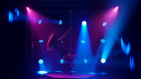 Athletic Sexy Young Woman Spins on a Pole and Performs Acrobatic Stunts alt