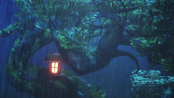 The cool rain fell condensing on the great tree and the wooden house in the middle of the forest