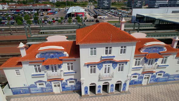 Old Aveiro Railway Station with Typical Blue Azulejos Tile