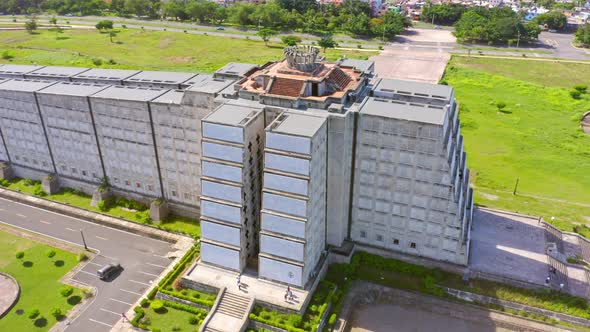 Aerial orbit shot showing tourist visiting gigantic Columbus Light house Mausoleum in Santo Domingo alt