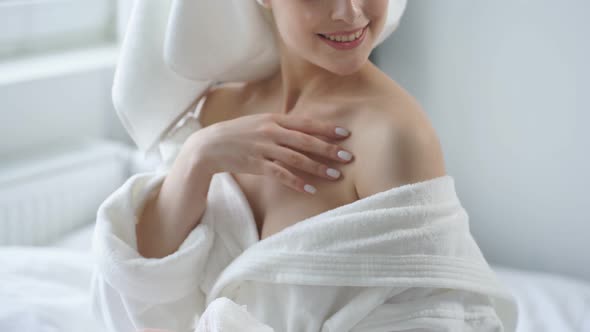 Charming Lady in Bathrobe and Towel Relax Enjoy Selfcare Beauty Procedures