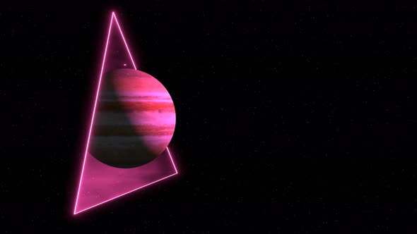4K 3D animation. Motion of planet Jupiter through portal against the background of the starry sky