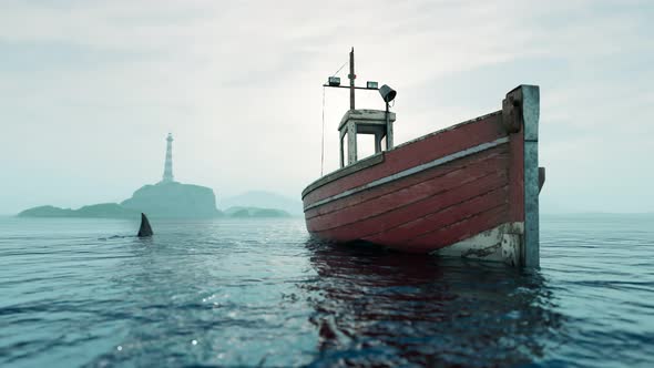 Animation of the shark swimming around old fishing boat in the ocean bay. Danger alt