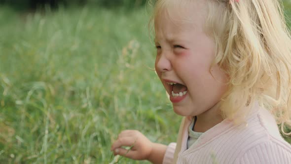 Sad Blond Little Girl Crying with Tears in Her Eyes in the Park alt