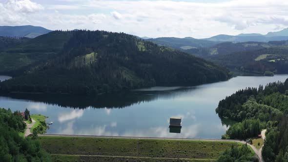 Aerial view of a water reservoir in the village of Nova Bystrica in Slovakia alt