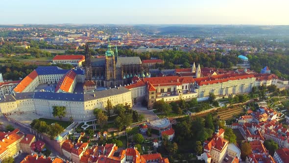 Aerial View of Prague City and Prague Castle, Flight Over the City, Top View