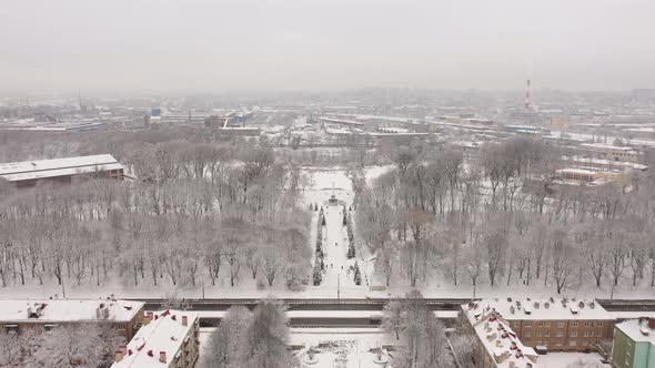 Aerial: The South Park in Kaliningrad in the wintertime alt
