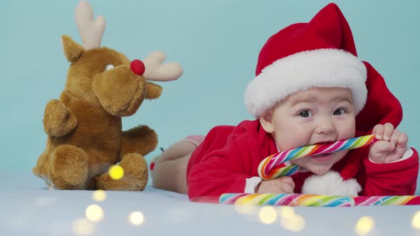 Merry Xmas Happy New Year Infants Childhood Holidays Concept Closeup Smiling Funny Newborn Baby in alt
