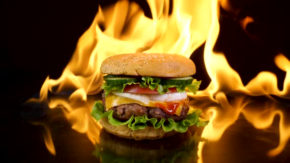 Delicious Burger on the Background of Fire alt