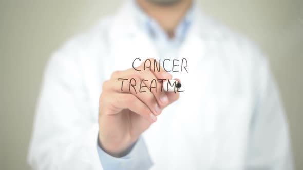 Cancer Treatment, Doctor Writing on Transparent Screen alt