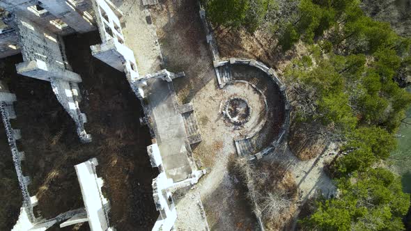 Destroyed Mystical Castle Buildings Ruins, Aerial Overhead View alt