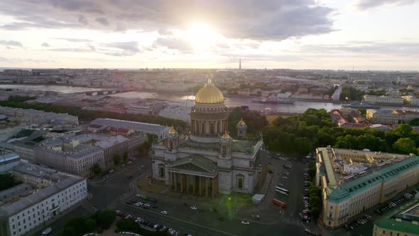 Golden Dome of Isaac Cathedral at Sunrise Dron