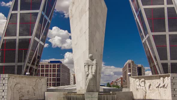KIO Towers or Gateway of Europe Timelapse From Plaza De Castilla in Madrid Spain alt