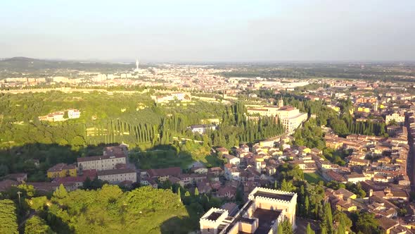 Panorama of Verona historical city centre, bridges across Adige river. Castel San Pietro. alt