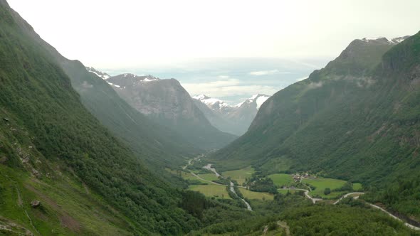 Aerial View Of The Strynselva River In Strynedalen Valley In Vestland County, Norway. alt