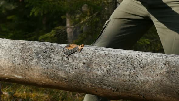 Male Tourist Chopping Wood With An Axe. Wood Sawdust Fly To The Sides
