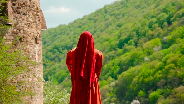 A Girl in a National Georgian Red Dress is Dancing alt