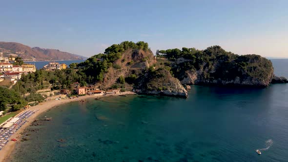 Taormina Sicily Isola Bella Beach From the Sky Aerial View Voer the Island and the Beach By Taormina alt