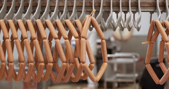 Meat Production and Food Industry, View of Ready Meat Products, Ready-made Pork Sausages, Production alt