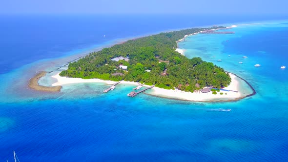 Drone aerial tourism of lagoon beach by blue sea and sand background alt