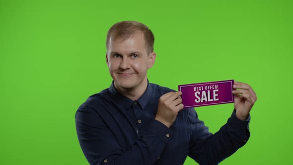 Man Shopper Showing Best Offer Sale Inscription. Black Friday. Happy of Good Discounts, Low Prices alt