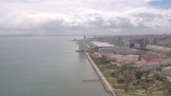 Aerial of Tagus River and Vasco da Gama Tower alt