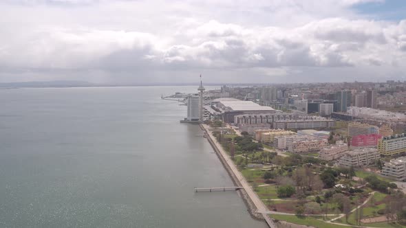 Aerial of Tagus River and Vasco da Gama Tower