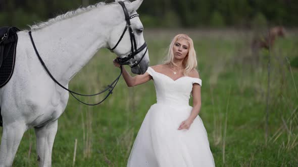 Tender Bride with White Horse in Field Love and Freedom Sexy Blonde Lady alt