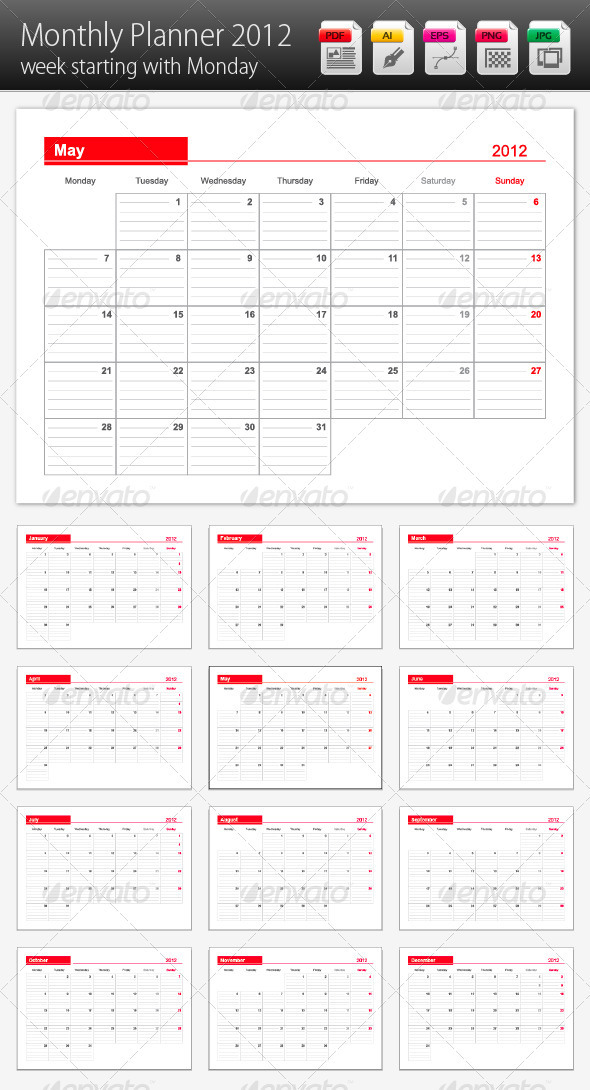 Monthly Planner 2012 Week Starting With Monday - Calendars Stationery