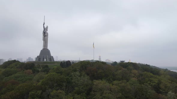 Symbol of Kyiv, Ukraine: Motherland Monument. Aerial View, Slow Motion. Kiev alt