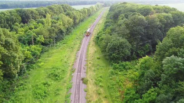 An authentic diesel train travels on flights that pass through the beautiful green nature alt