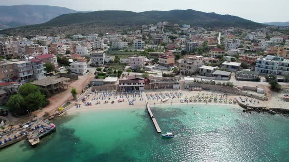 Aerial View Exotic Beach with Turquoise Water in Albania Ksamil Islands alt