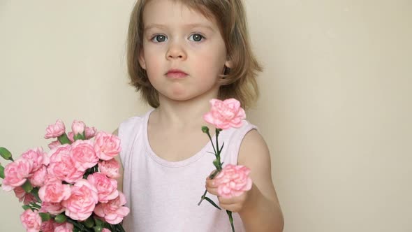 Little Girl Holds Bouquet of Flowers Pink Carnations Looks at Camera Smiles and Gives Flowers