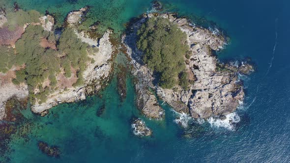 Rocky Island Washed By Waves Covered with Coniferous Trees in a Sea Bay alt