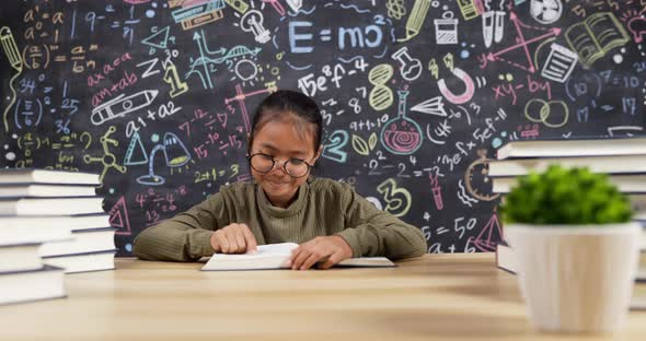 Girl kid reading at desk with chalkboard background alt