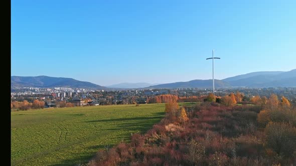 Fly over cross, hill in Bielsko Biala City