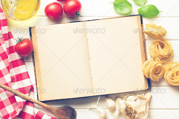 blank recipe book and fresh ingredients - Stock Photo - Images