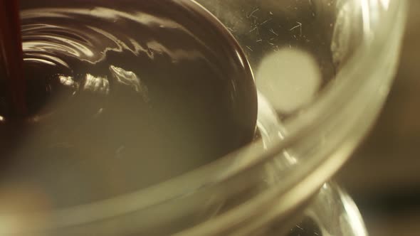 Closeup Chocolate Fondue Dripping in Transparent Plate. alt