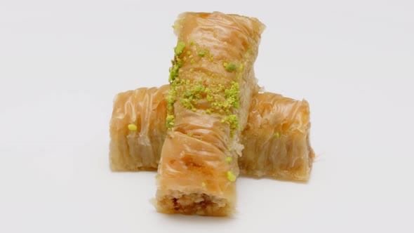 Baklava Dessert on Isolated Rotating White Background