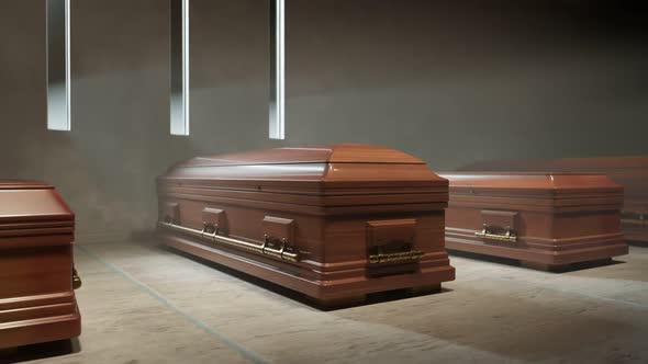 Animation of wooden coffins standing on the stone floor before the funeral. 4KHD alt