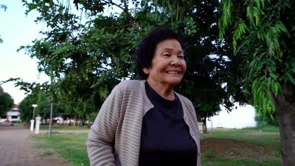 slow-motion of senior woman walking with walking stick in the park alt
