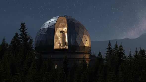 A modern astronomical observatory in a vast coniferous forest during night. 4KHD alt